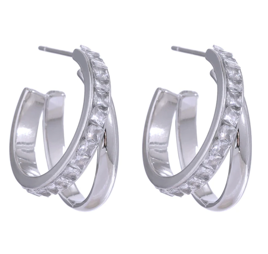 Silver Split Diamond Double Hoops